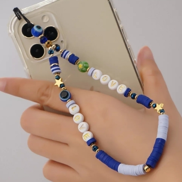 Blue Beaded Love Phone Charm Lanyard Wrist Strap - Picture 1 of 3